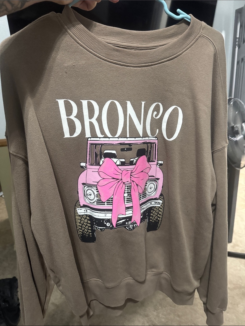 Hybrid Apparel Taupe Sweatshirt with Pink Bronco Graphic